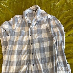 Quince button down sweater stretch knit plaid L